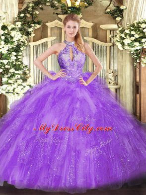 Amazing Floor Length Ball Gowns Sleeveless Lavender Quinceanera Gowns Lace Up