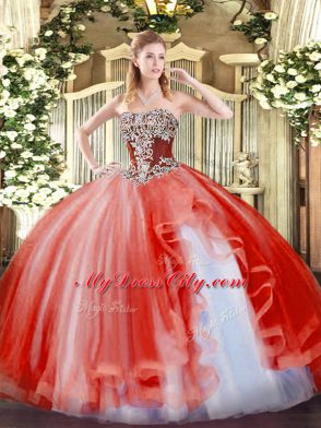 Fabulous Sleeveless Floor Length Beading and Ruffles Lace Up 15th Birthday Dress with Coral Red