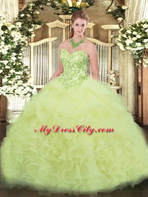 Yellow Green Sleeveless Appliques and Ruffles Floor Length 15 Quinceanera Dress