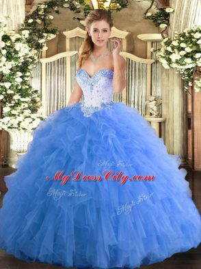 Baby Blue Tulle Lace Up Sweetheart Sleeveless Floor Length Quinceanera Gowns Beading and Ruffles