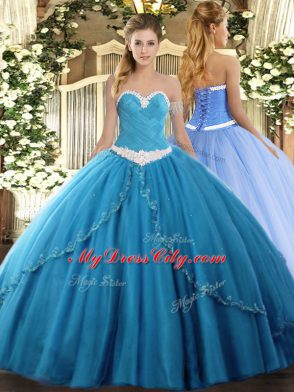 Baby Blue Tulle Lace Up Sweetheart Sleeveless Sweet 16 Quinceanera Dress Brush Train Appliques