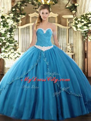 Baby Blue Tulle Lace Up Sweetheart Sleeveless Sweet 16 Quinceanera Dress Brush Train Appliques