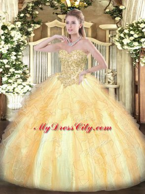 Floor Length Champagne Sweet 16 Quinceanera Dress Organza Sleeveless Appliques and Ruffles
