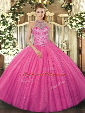 Glittering Floor Length Hot Pink Sweet 16 Quinceanera Dress Halter Top Sleeveless Lace Up
