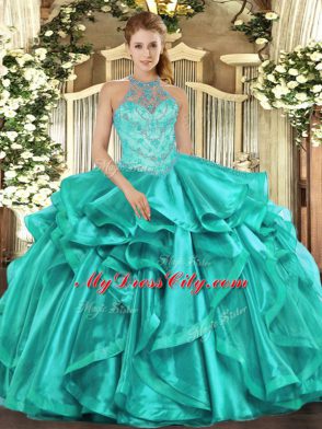 Turquoise Halter Top Neckline Beading and Embroidery and Ruffles Quinceanera Dresses Sleeveless Lace Up