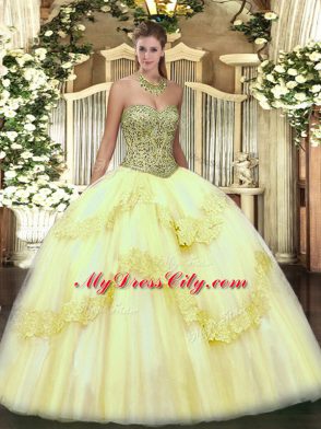 Floor Length Light Yellow Ball Gown Prom Dress Tulle Sleeveless Beading and Appliques