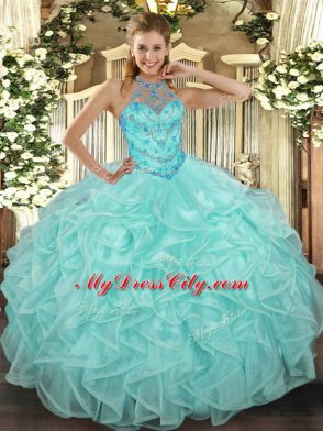 Floor Length Apple Green Quinceanera Gown Organza Sleeveless Beading and Ruffles