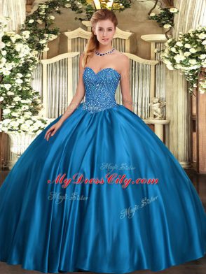 Extravagant Blue Lace Up Sweetheart Beading Ball Gown Prom Dress Satin Sleeveless