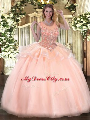 Decent Peach Sleeveless Beading Floor Length Sweet 16 Dress