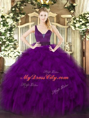 Sophisticated Purple Straps Neckline Beading and Ruffles 15 Quinceanera Dress Sleeveless Zipper