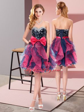 Sleeveless Organza Mini Length Lace Up Prom Party Dress in Multi-color with Beading and Ruffles and Bowknot