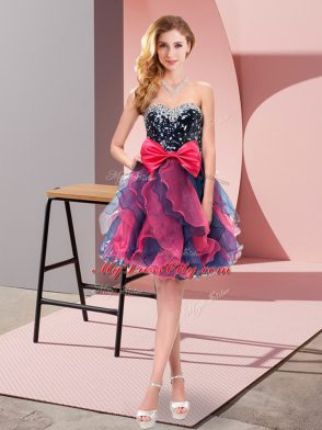 Sleeveless Organza Mini Length Lace Up Prom Party Dress in Multi-color with Beading and Ruffles and Bowknot