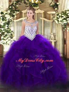 Top Selling Purple Sleeveless Tulle Zipper Quinceanera Gowns for Military Ball and Sweet 16 and Quinceanera
