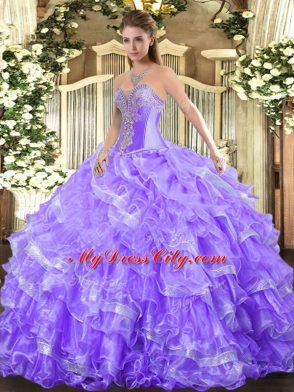 Ball Gowns Quinceanera Gowns Lavender Sweetheart Organza Sleeveless Floor Length Lace Up