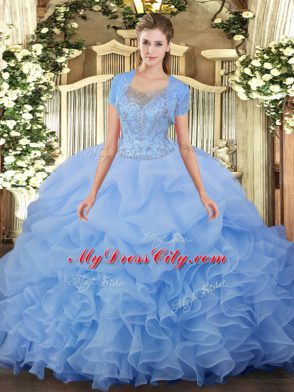 Aqua Blue Ball Gowns Scoop Sleeveless Tulle Floor Length Clasp Handle Beading and Ruffled Layers Sweet 16 Quinceanera Dress