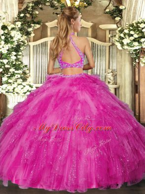 Halter Top Sleeveless Sweet 16 Dresses Floor Length Beading and Ruffles Purple Tulle