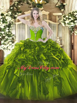 On Sale Olive Green Quinceanera Dresses Military Ball and Sweet 16 and Quinceanera with Beading and Ruffles Sweetheart Sleeveless Lace Up