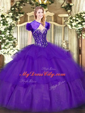Sleeveless Floor Length Ruffled Layers Lace Up Quinceanera Dresses with Purple