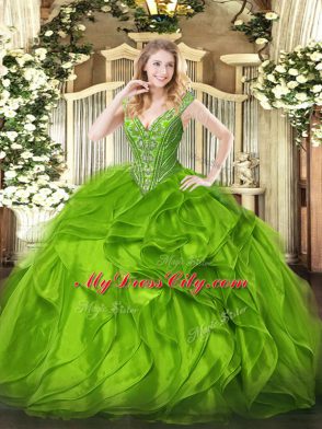 Best Organza Lace Up V-neck Sleeveless Floor Length Quince Ball Gowns Beading and Ruffles