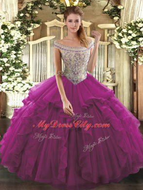 Graceful Fuchsia Sleeveless Beading and Ruffles Floor Length Sweet 16 Dresses