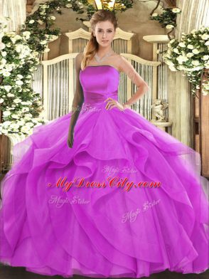 Fuchsia Ball Gowns Tulle Strapless Sleeveless Ruffles Floor Length Lace Up Quinceanera Dress