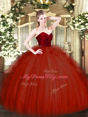 Wine Red Ball Gowns Ruffles Quinceanera Dresses Zipper Tulle Sleeveless Floor Length