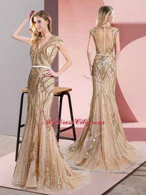 Floor Length Champagne Prom Dress Tulle Sleeveless Beading and Belt