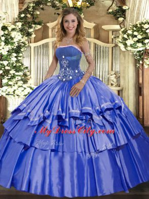 Flare Blue Ball Gowns Organza and Taffeta Strapless Sleeveless Beading and Ruffled Layers Floor Length Lace Up 15 Quinceanera Dress