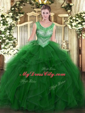 Ideal Green Lace Up Scoop Beading and Ruffles Vestidos de Quinceanera Organza Sleeveless