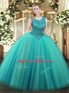 Floor Length Ball Gowns Sleeveless Turquoise Vestidos de Quinceanera Zipper