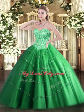 Beautiful Sweetheart Sleeveless Quinceanera Gown Floor Length Appliques Green Tulle