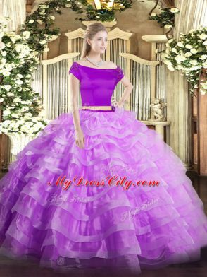 Fantastic Appliques and Ruffled Layers Quinceanera Gown Lilac Zipper Short Sleeves Floor Length