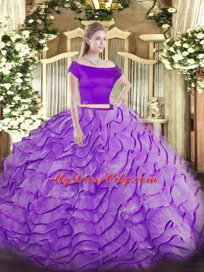 Pretty Lavender Off The Shoulder Zipper Appliques and Ruffles Sweet 16 Dresses Brush Train Short Sleeves