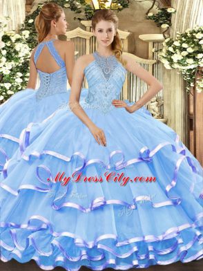 Excellent Aqua Blue Organza Lace Up Quinceanera Gown Sleeveless Floor Length Beading and Ruffled Layers