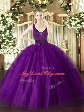 Purple Tulle Zipper Straps Sleeveless Floor Length Quince Ball Gowns Beading