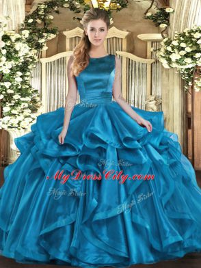 Organza Scoop Sleeveless Lace Up Ruffles Vestidos de Quinceanera in Teal