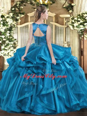 Organza Scoop Sleeveless Lace Up Ruffles Vestidos de Quinceanera in Teal