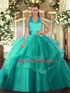 Turquoise Tulle Lace Up Quinceanera Gowns Sleeveless Floor Length Ruffled Layers