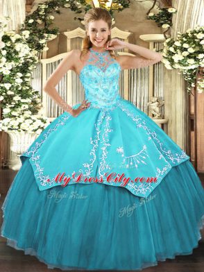 Edgy Aqua Blue Sleeveless Satin and Tulle Lace Up Quinceanera Dresses for Military Ball and Sweet 16 and Quinceanera