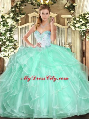 New Arrival Floor Length Lace Up Quince Ball Gowns Apple Green for Military Ball and Sweet 16 and Quinceanera with Beading and Ruffles