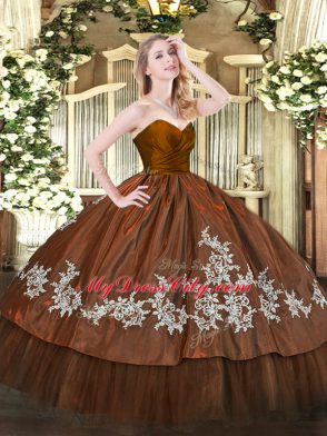 Brown Organza and Taffeta Zipper Sweetheart Sleeveless Floor Length Quinceanera Gowns Embroidery