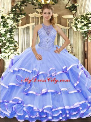 Ball Gowns Sweet 16 Dresses Blue Halter Top Organza Sleeveless Floor Length Lace Up