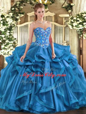 Shining Blue Lace Up 15 Quinceanera Dress Embroidery and Ruffles Sleeveless Floor Length