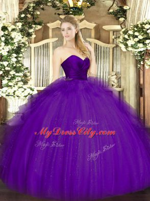 Ball Gowns 15th Birthday Dress Purple Sweetheart Tulle Sleeveless Floor Length Zipper