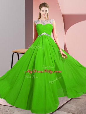 Enchanting Scoop Sleeveless Prom Evening Gown Floor Length Beading Green Chiffon