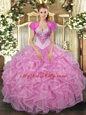 Sleeveless Organza Floor Length Lace Up Quinceanera Dress in Rose Pink with Beading and Ruffles