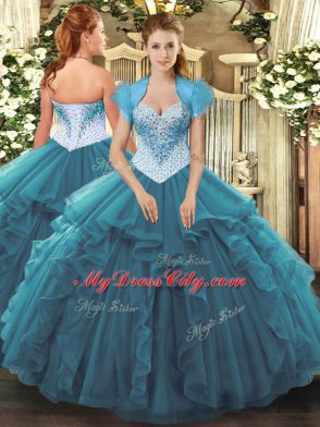 Graceful Sleeveless Tulle Floor Length Lace Up Sweet 16 Quinceanera Dress in Teal with Beading and Ruffles
