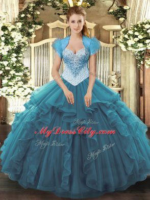 Graceful Sleeveless Tulle Floor Length Lace Up Sweet 16 Quinceanera Dress in Teal with Beading and Ruffles
