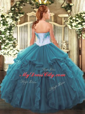 Graceful Sleeveless Tulle Floor Length Lace Up Sweet 16 Quinceanera Dress in Teal with Beading and Ruffles