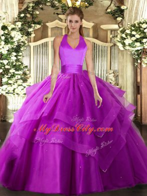 Luxury Ruffled Layers Vestidos de Quinceanera Fuchsia Lace Up Sleeveless Floor Length